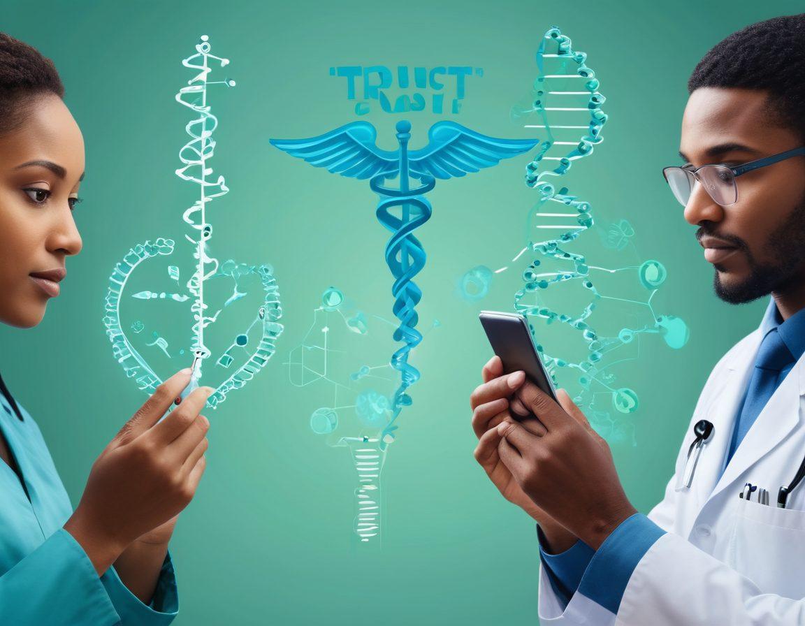 A visual representation of diverse healthcare options, featuring a split scene: one side showcasing a clinical trial setting with scientists and volunteers, the other side illustrating personalized medicine with a doctor consulting a patient using DNA analysis. The background should feature medical symbols like the caduceus and DNA strands to emphasize innovation in treatment. The color palette should be warm and inviting, with a blend of blue and green tones to signify trust and health. vibrant colors. super-realistic.