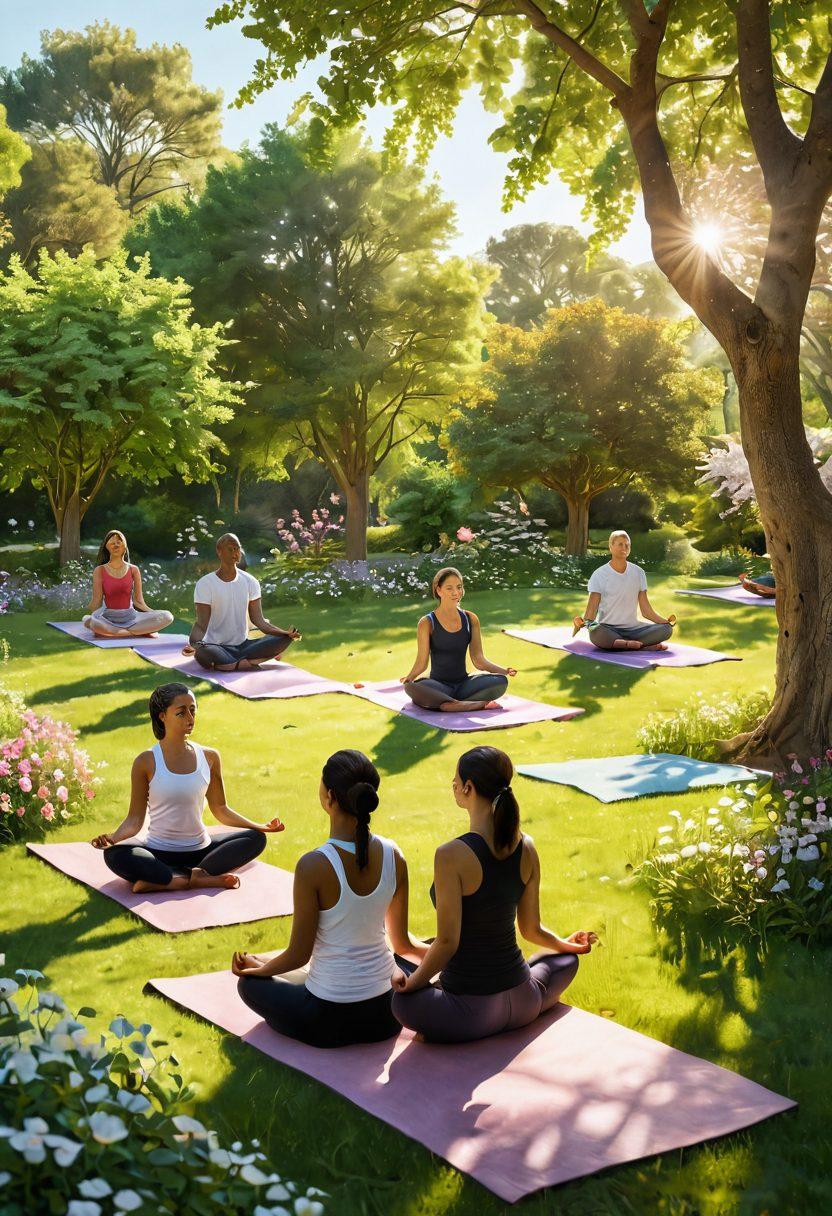 A serene and uplifting scene depicting a diverse group of individuals practicing mindfulness in a tranquil park setting, surrounded by blooming flowers and trees. Include elements like yoga mats, meditation poses, and cheerful gestures to convey support and connection. Soft sunlight filtering through the leaves enhances the feeling of hope and healing. super-realistic. vibrant colors. peaceful atmosphere.